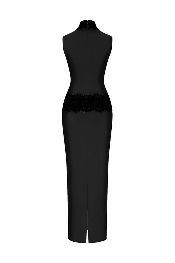 Rasario Crepe And Lace Maxi Dress Black S092X010 – RASARIO