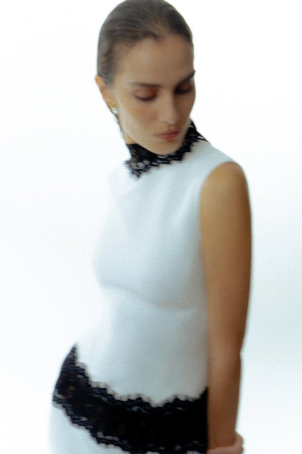 Rasario Crepe And Lace Maxi Dress White/black S092X010 – RASARIO