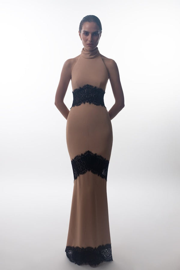 Rasario Crepe And Lace Maxi Dress With Cutouts Beige/black S088X560 – RASARIO