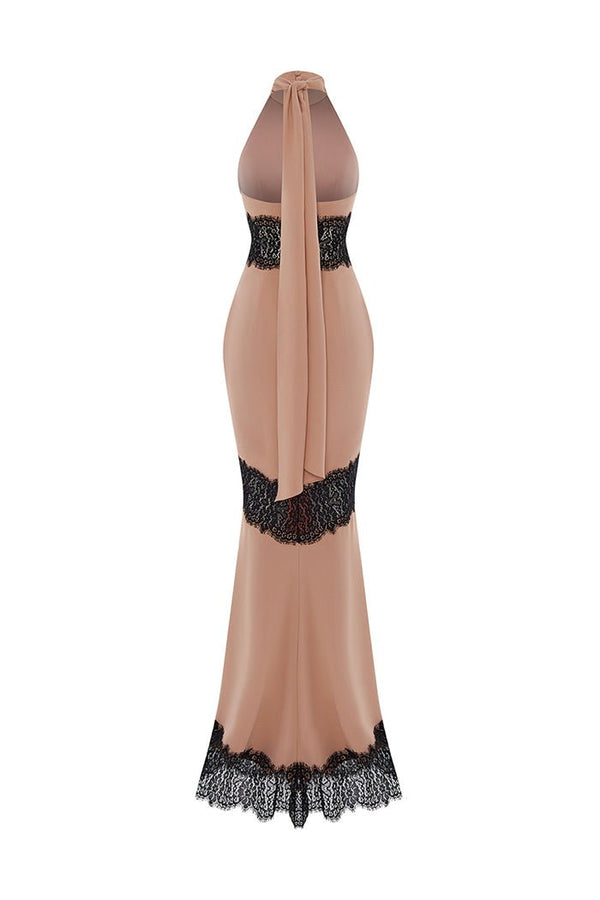 Rasario Crepe And Lace Maxi Dress With Cutouts Beige/black S088X560 – RASARIO