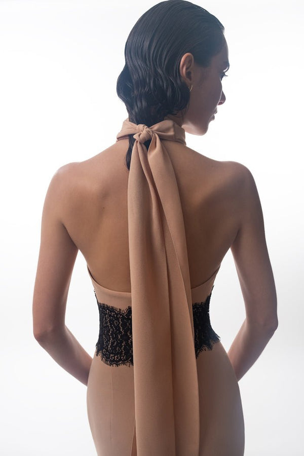 Rasario Crepe And Lace Maxi Dress With Cutouts Beige/black S088X560 – RASARIO