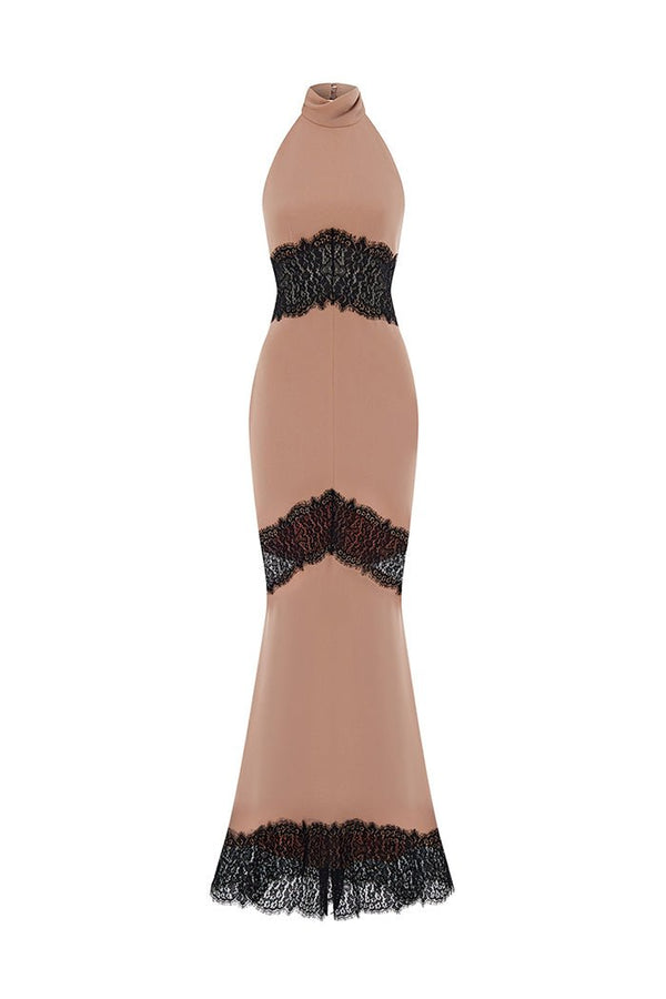 rasario Crepe and lace maxi dress with cutouts beige/black S088X560 – RASARIO