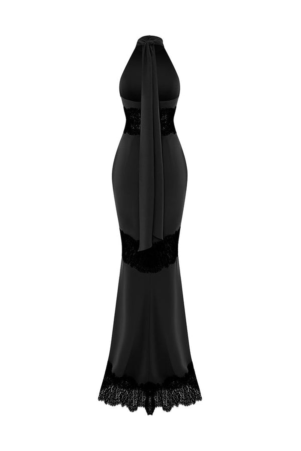 Rasario Crepe And Lace Maxi Dress With Cutouts Black S088X010 – RASARIO