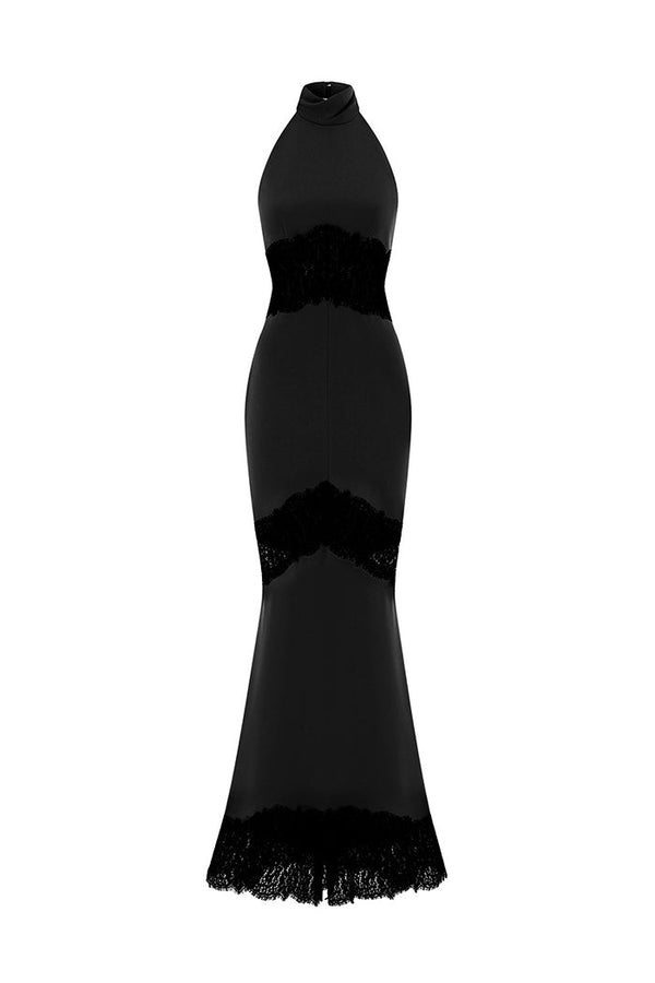 rasario Crepe and lace maxi dress with cutouts black S088X010 – RASARIO
