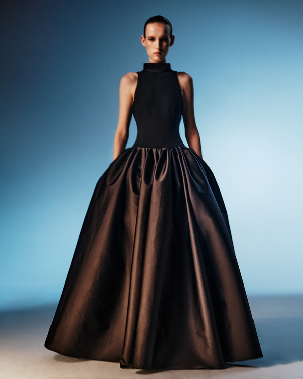 Rasario Crepe And Satin Maxi Dress With A Voluminous Skirt Black 062DX001 – RASARIO