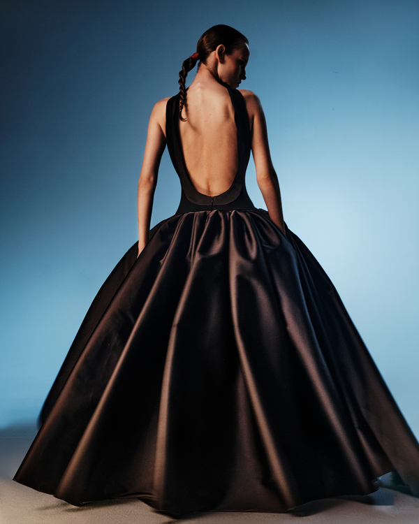 Rasario Crepe And Satin Maxi Dress With A Voluminous Skirt Black 062DX001 – RASARIO