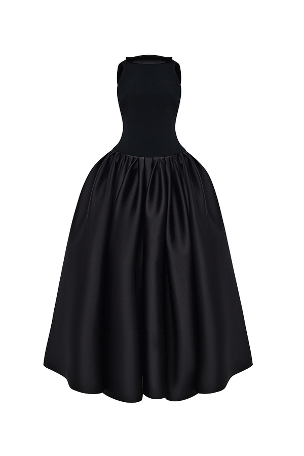 rasario Crepe and satin maxi dress with a voluminous skirt black 062DX001 – RASARIO