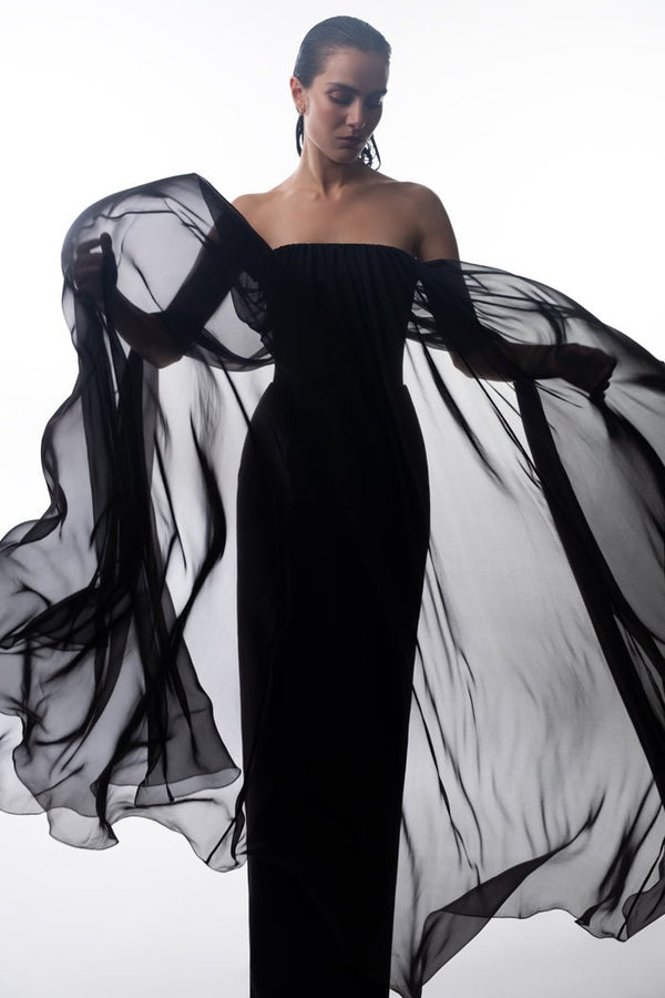 Rasario Crepe And Silk Chiffon Corset Gown Black S094G010 – RASARIO