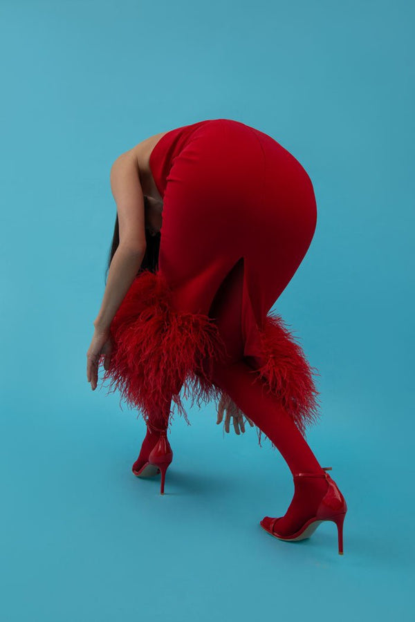 Rasario Crepe Long Midi Dress With Fringe Black F054M010 – RASARIO