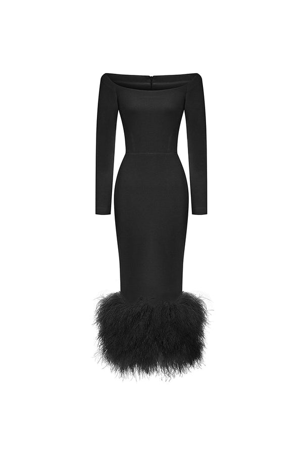 rasario Crepe long midi dress with fringe black F054M010 – RASARIO