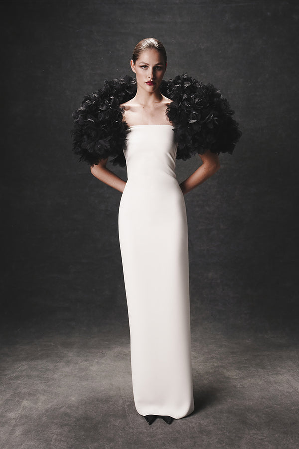 Rasario Crepe Maxi Dress With Floral Trim Black 76DX0001 – RASARIO