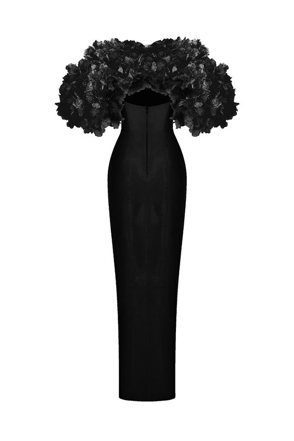 Rasario Crepe Maxi Dress With Floral Trim Black 76DX0001 – RASARIO