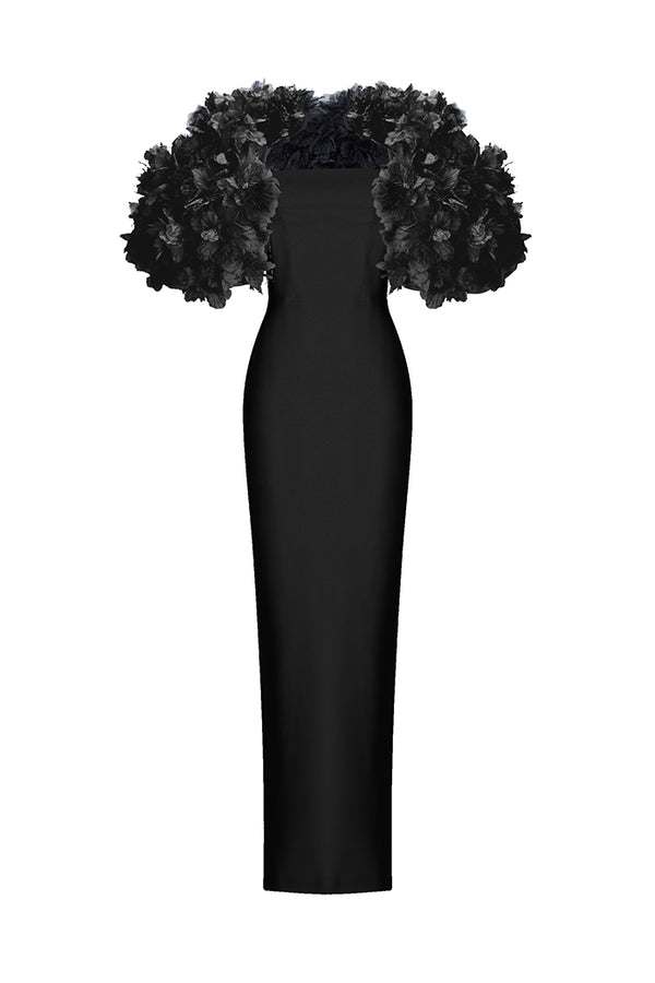 rasario Crepe maxi dress with floral trim black 76DX0001 – RASARIO