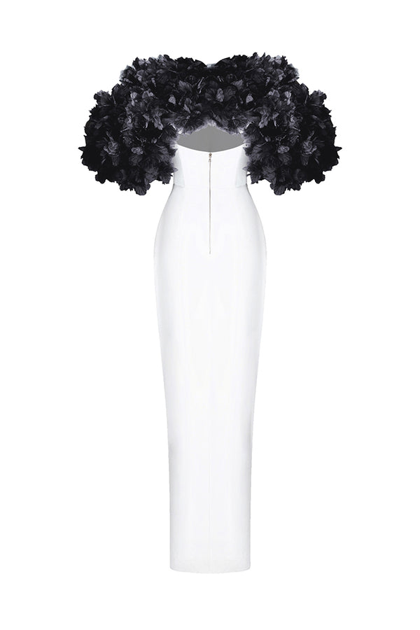 Rasario Crepe Maxi Dress With Floral Trim White/black 76DX0021 – RASARIO