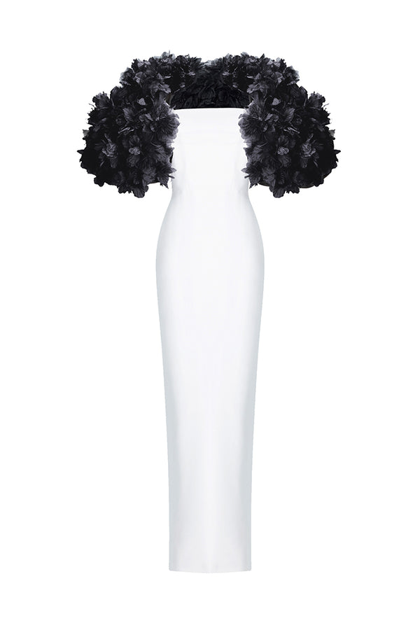 rasario Crepe maxi dress with floral trim white/black 76DX0021 – RASARIO