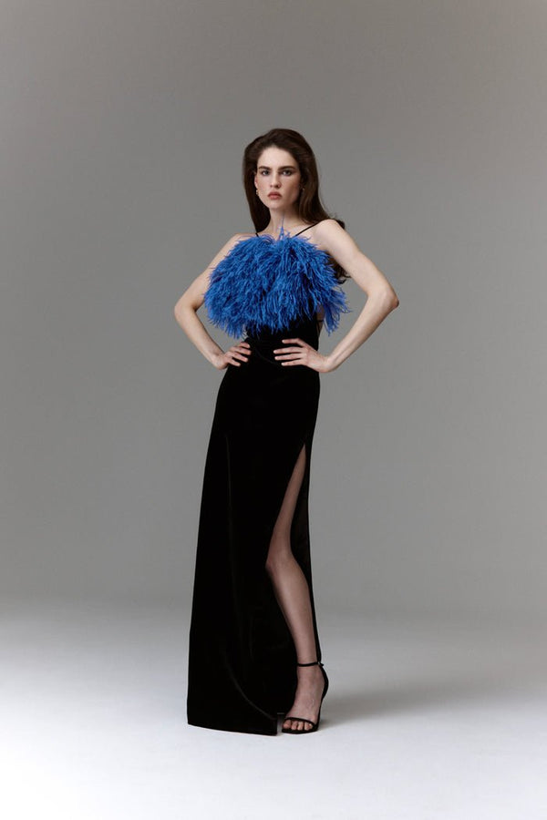Rasario Crepe Maxi Feather-trimmed Dress With A Side Slit Black-black F111X88S – RASARIO
