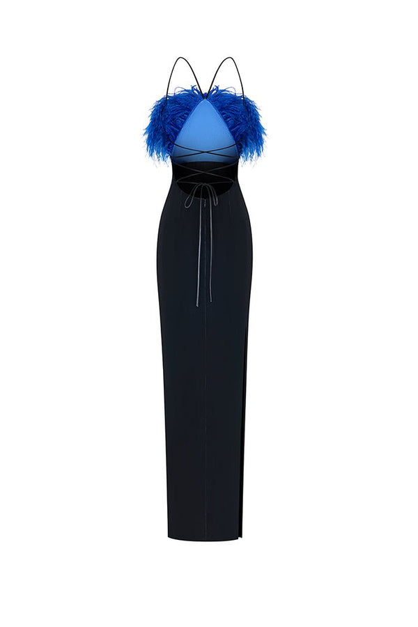 Rasario Crepe Maxi Feather-trimmed Dress With A Side Slit Black-black F111X88S – RASARIO