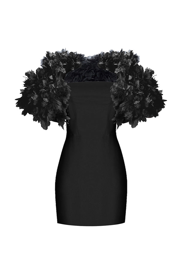 rasario Crepe mini dress with floral trim black 075DN001 – RASARIO