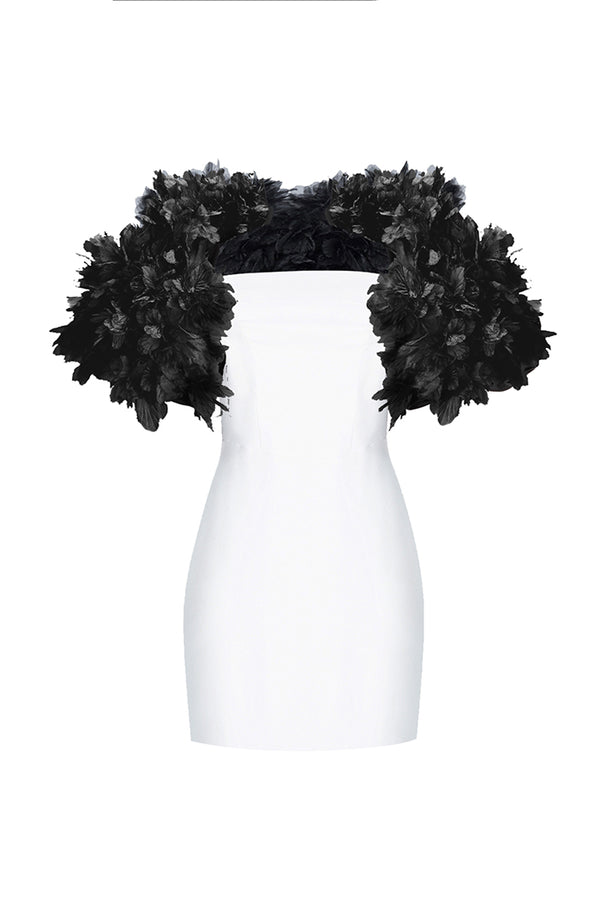 rasario Crepe mini dress with floral trim white/black 075DN021 – RASARIO