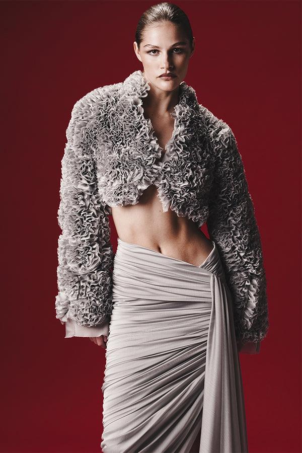 Rasario Cropped Chiffon Jacket With Ruffles Grey 014BZ020 – RASARIO