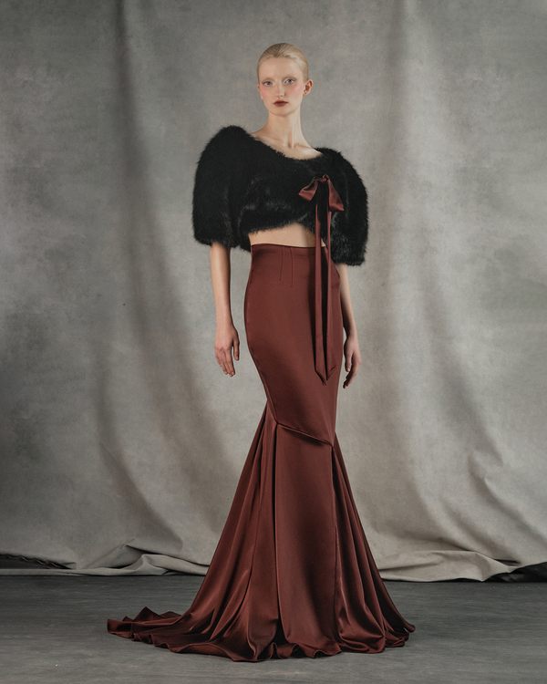 Rasario Cropped Faux Fur Bolero With A Satin Bow Black 091CP001 – RASARIO