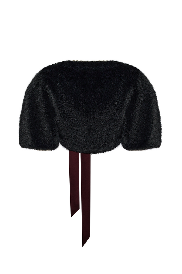 Rasario Cropped Faux Fur Bolero With A Satin Bow Black 091CP001 – RASARIO