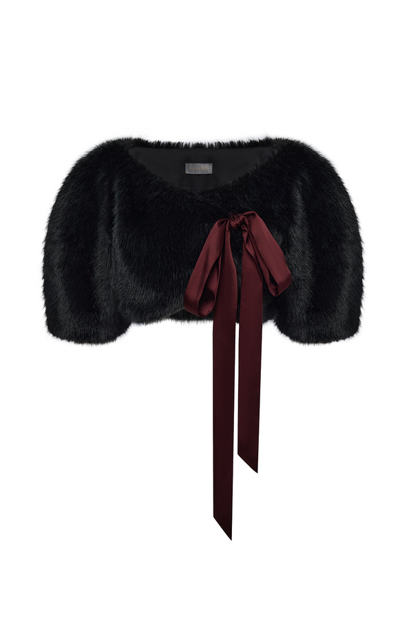 rasario Cropped faux fur bolero with a satin bow black 091CP001 – RASARIO