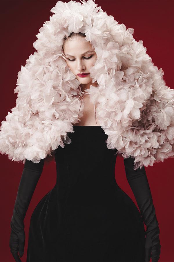 Rasario Cropped Hooded Cape With A Floral Trim White 060BL002 – RASARIO