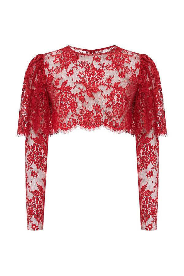 rasario Cropped lace top with sleeves red 048TP003 – RASARIO