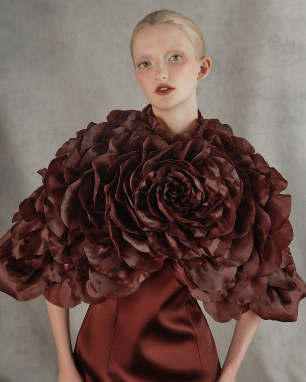 Rasario Cropped Silk Organza Cape With An Oversized Flower Burgundy 002CP013 – RASARIO