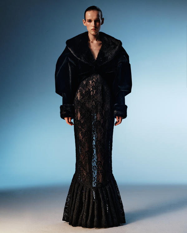 Rasario Cropped Velvet Coat With Faux Fur Inserts Black 003CT001 – RASARIO