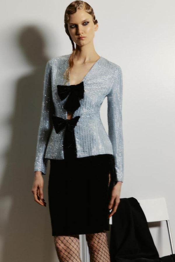 Rasario Crystal-embellished Chiffon Blazer With Bows Grey 083BZ020 – RASARIO