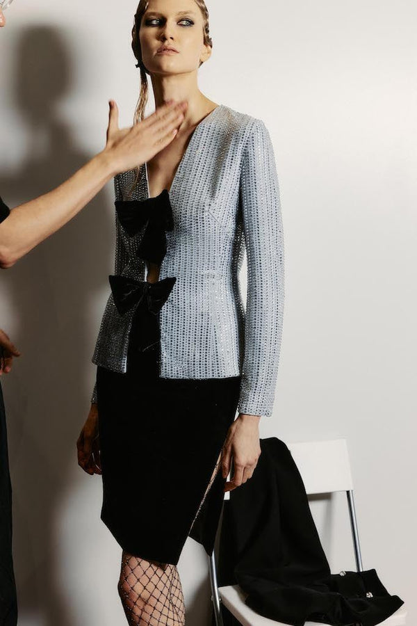 Rasario Crystal-embellished Chiffon Blazer With Bows Grey 083BZ020 – RASARIO