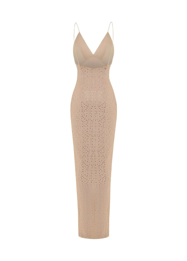Rasario Crystal-embellished Chiffon Maxi Dress With A Slit Beige 084DX006 – RASARIO
