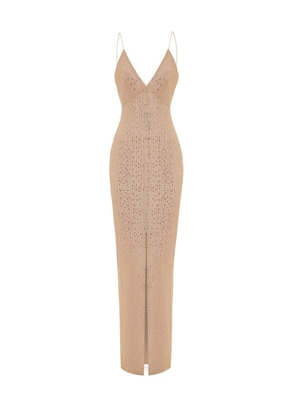 rasario Crystal-embellished chiffon maxi dress with a slit beige 084DX006 – RASARIO