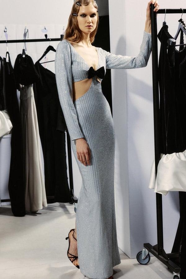 Rasario Crystal-embellished Chiffon Maxi Dress With Cutouts Grey 062DX020 – RASARIO