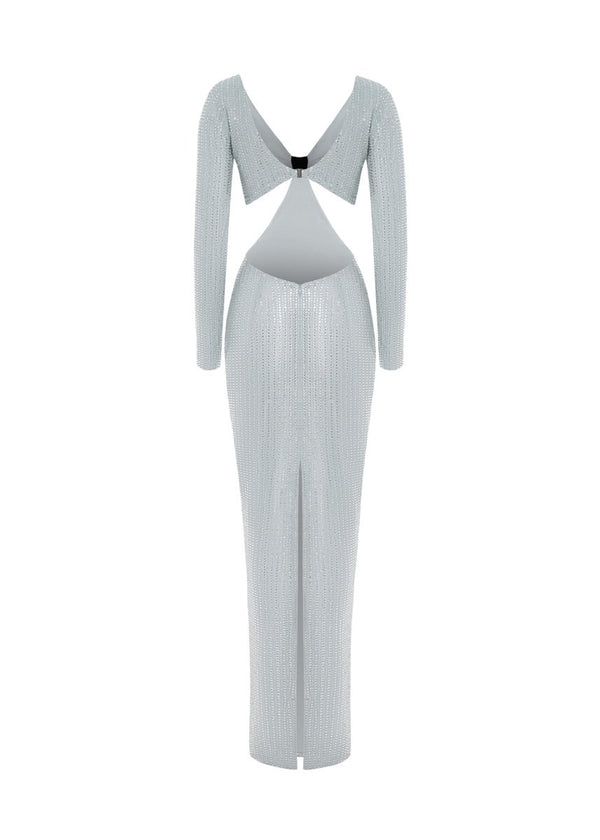 Rasario Crystal-embellished Chiffon Maxi Dress With Cutouts Grey 062DX020 – RASARIO