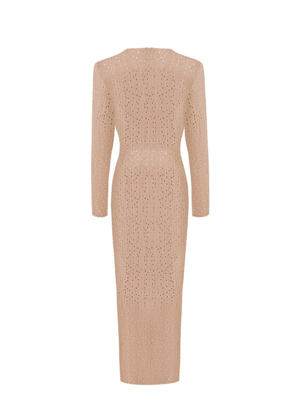 Rasario Crystal-embellished Chiffon Midi Dress Beige 079DD006 – RASARIO