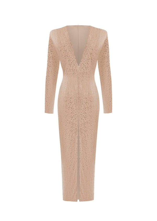 rasario Crystal-embellished chiffon midi dress beige 079DD006 – RASARIO