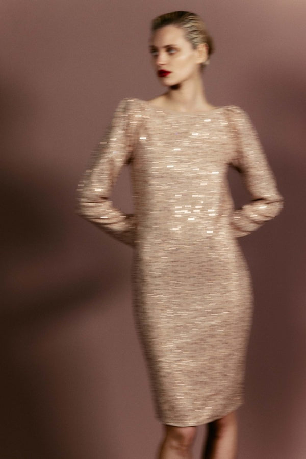 Rasario Crystal-embellished Chiffon Midi Dress With An Opened Back Beige 078DD006 – RASARIO