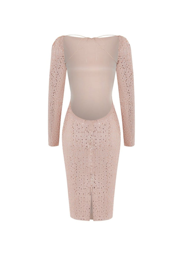 Rasario Crystal-embellished Chiffon Midi Dress With An Opened Back Beige 078DD006 – RASARIO