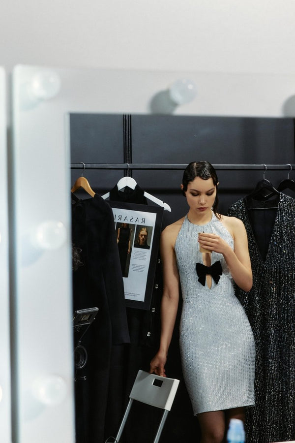 Rasario Crystal-embellished Chiffon Mini Dress With A Bow Grey 077DN020 – RASARIO