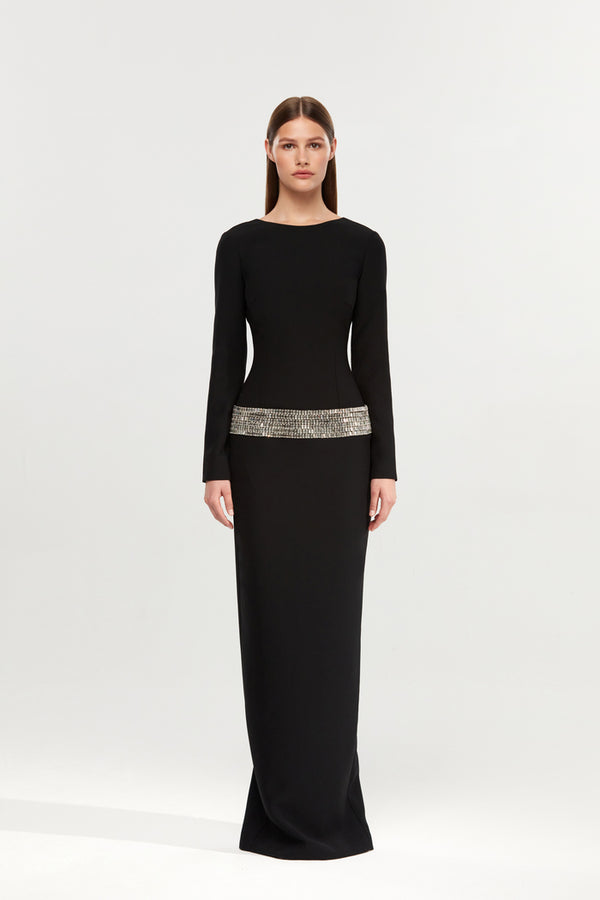 Rasario Crystal Embellished Crepe Maxi Dress With An Opened Back White F034X020 – RASARIO