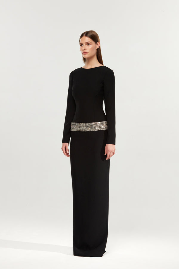 Rasario Crystal Embellished Crepe Maxi Dress With An Opened Back White F034X020 – RASARIO