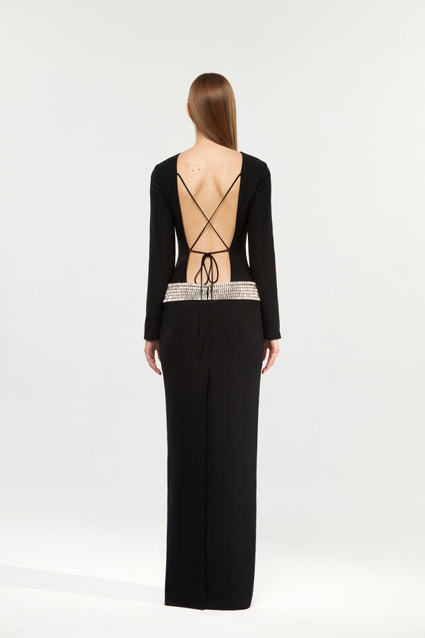 Rasario Crystal Embellished Crepe Maxi Dress With An Opened Back White F034X020 – RASARIO