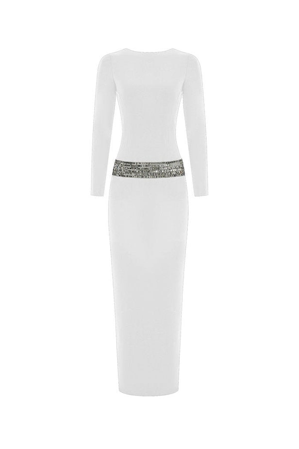 rasario Crystal embellished crepe maxi dress with an opened back white F034X020 – RASARIO