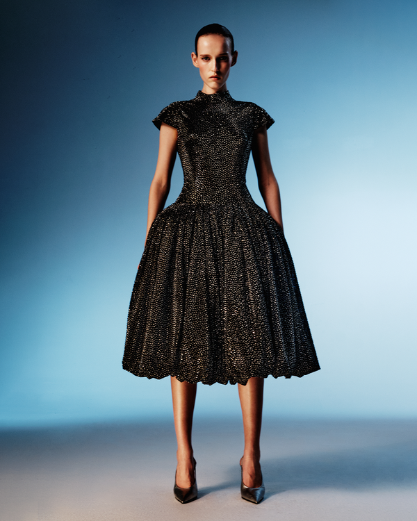 Rasario Crystal-embellished Mesh Midi Dress With A Voluminous Skirt Black 101DD001 – RASARIO