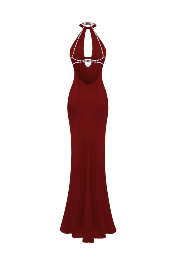 Rasario Crystal-embellished Satin Maxi Dress With Cutout Burgundy 047DX013 – RASARIO