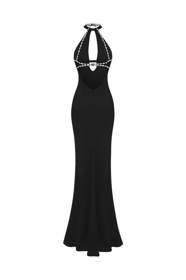 Rasario Crystal-embellished Satin Maxi Dress With Cutout Black 047DX001 – RASARIO