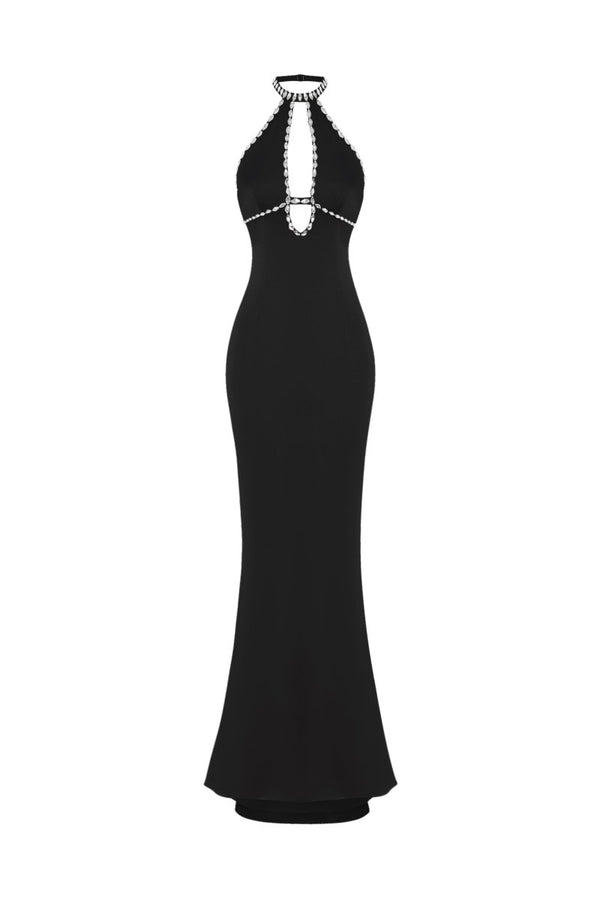 rasario Crystal-embellished satin maxi dress with cutout black 047DX001 – RASARIO